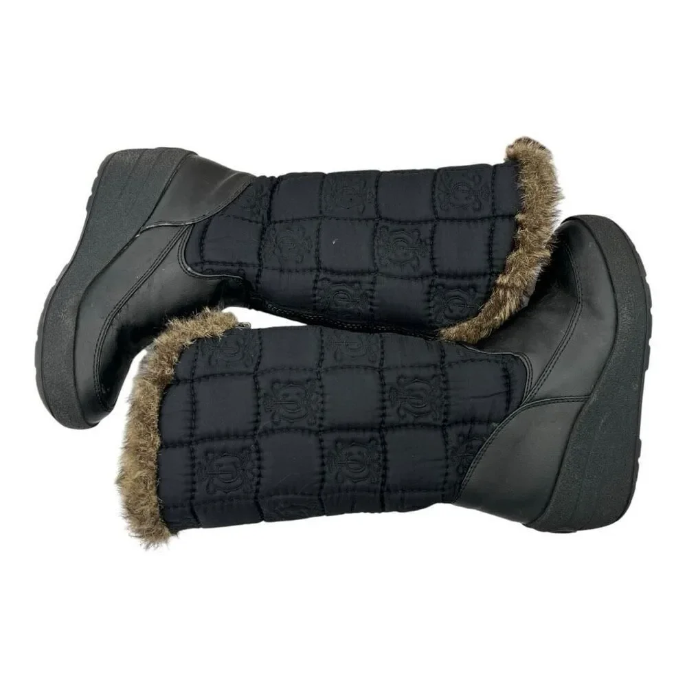 Juicy Couture Women's Size 7 Faux Fur Quilted Front Zip Wedge Winter Boots Black